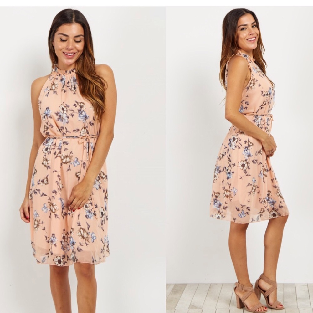 Peach Floral High Neck Dress